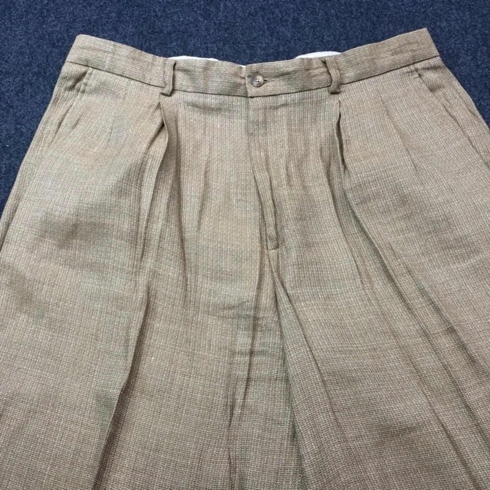 Claiborne Dress Pants Men 38R Tan Linen Blend Double Pleated Cuffed Trousers